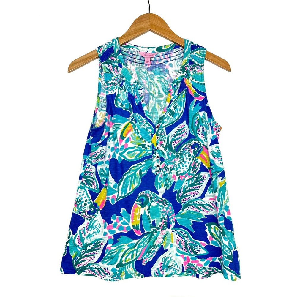 Lilly Pulitzer Essie Wake Up Call Tropical Floral & Toucan Sleeveless Top Sz S - Picture 2 of 11